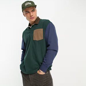 Abercrombie & Fitch Oversized Rugby Long Sleeve Polo Corduroy Collar Color Block